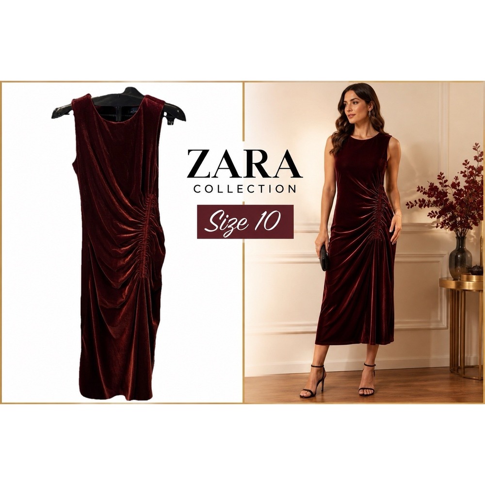 ZARA Collection Velvet Ruched Maxi Dress Burgundy Sleeveless Size 10 Cocktail